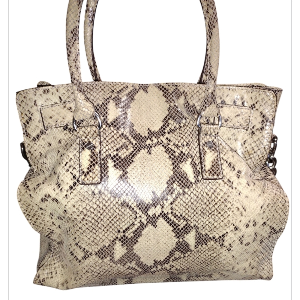Michael Kors Hamilton satchel beige python embossed leather With Lock & Key EUC - Picture 2 of 4